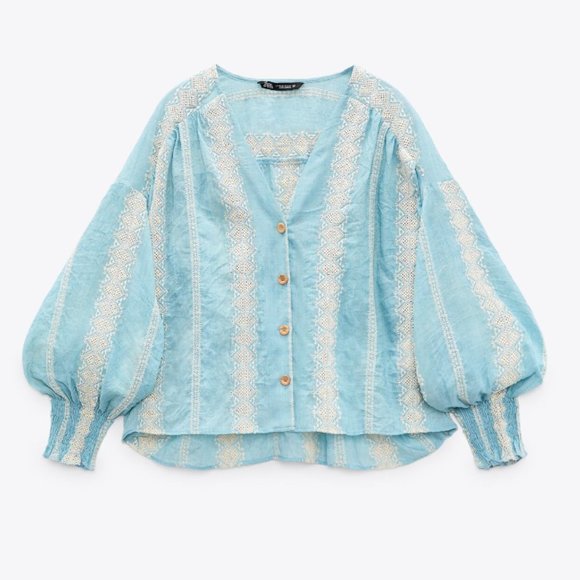 Zara Tops - ZARA SMOCKED BALLOON SLEEVE COMBINATION EMBROIDERED BUTTON DOWN SHIRT
